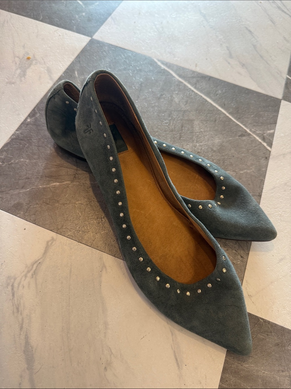 Frye Teal Suede Pointed-Toe Flats with Stud Trim